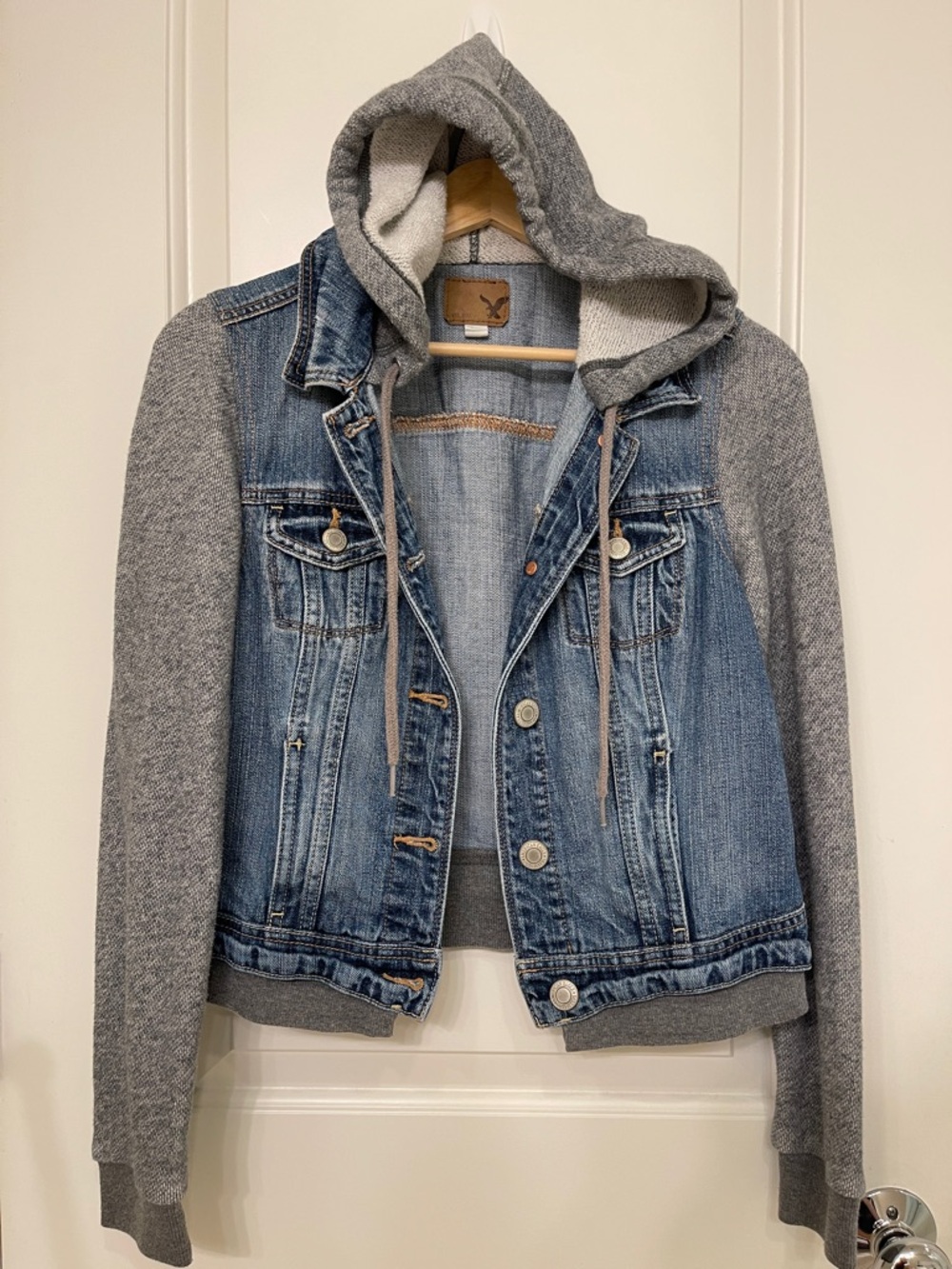 American Eagle Outfitters Blue Denim Jacket with Gray Knit Hood & Sleeves